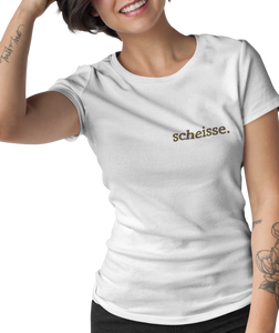 The design is the word scheisse. written in brown lettering. The design is printed on a white ladies tee.