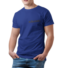 Load image into Gallery viewer, The design is the word scheisse. in brown lettering. The design is printed on the left side of the true royal blue tee.