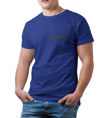 The design is the word scheisse. in brown lettering. The design is printed on the left side of the true royal blue tee.