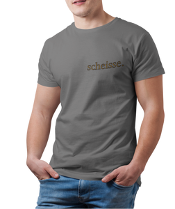 The design is the word scheisse. in brown lettering. The design is printed on the left side of the coal grey tee.