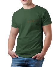 Load image into Gallery viewer, The design is the word scheisse. in brown lettering. The design is printed on the left side of the forest green tee.