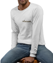 Load image into Gallery viewer, The design is the word scheisse. written in brown lettering. This design is printed over the left breast on a white long sleeve shirt.