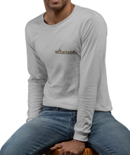 Load image into Gallery viewer, The design is the word scheisse. written in brown lettering. This design is printed over the left breast on a athletic grey long sleeve shirt.