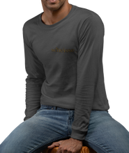 Load image into Gallery viewer, The design is the word scheisse. written in brown lettering. This design is printed over the left breast on a charcoal heather long sleeve shirt.