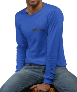 The design is the word scheisse. written in brown lettering. This design is printed over the left breast on a true royal long sleeve shirt.