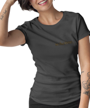 Load image into Gallery viewer, The design is the word scheisse. written in brown lettering. The design is printed on a charcoal heather ladies tee.