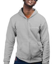 Load image into Gallery viewer, The design is the word scheisse. written in white lettering. The design is on the left side of the zipper on this athletic grey hoodie.