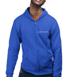 The design is the word scheisse. written in white lettering. The design is on the left side of the zipper on this true royal blue hoodie.