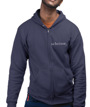 Load image into Gallery viewer, The design is the word scheisse. written in white lettering. The design is on the left side of the zipper on this true navy blue hoodie.