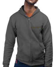 Load image into Gallery viewer, The design is the word scheisse. written in brown lettering. The design is on the left side of the zipper on this charcoal heather hoodie.