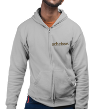 Load image into Gallery viewer, The design is the word scheisse. written in brown lettering. The design is on the left side of the zipper on this athletic grey hoodie.