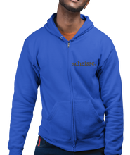 Load image into Gallery viewer, The design is the word scheisse. written in brown lettering. The design is on the left side of the zipper on this true royal blue hoodie.