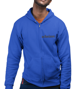 The design is the word scheisse. written in brown lettering. The design is on the left side of the zipper on this true royal blue hoodie.