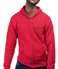 Load image into Gallery viewer, The design is the word scheisse. written in brown lettering. The design is on the left side of the zipper on this true red hoodie.