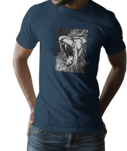 Load image into Gallery viewer, The design is a lion roaring. The design is printed on a navy simply great tee.