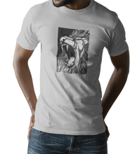 Load image into Gallery viewer, The design is a lion roaring. The design is printed on a silver simply great tee.