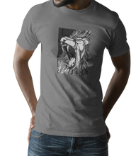 Load image into Gallery viewer, The design is a lion roaring. The design is printed on a coal grey simply great tee.