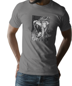 The design is a lion roaring. The design is printed on a coal grey simply great tee.