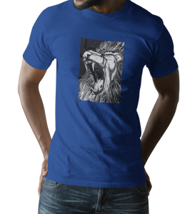 The design is a lion roaring. The design is printed on a royal simply great tee.