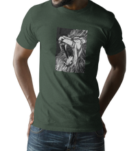 Load image into Gallery viewer, The design is a lion roaring. The design is printed on a forest green simply great tee.