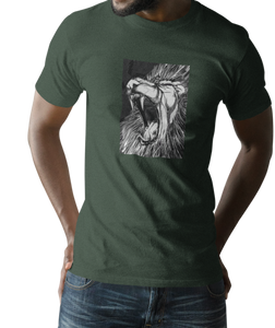 The design is a lion roaring. The design is printed on a forest green simply great tee.