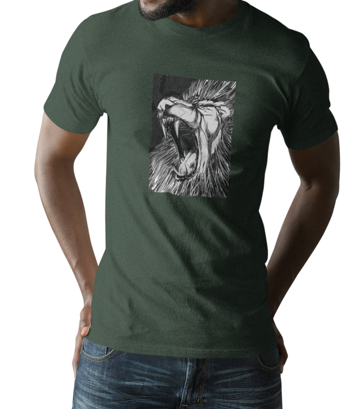 The design is a lion roaring. The design is printed on a forest green simply great tee.