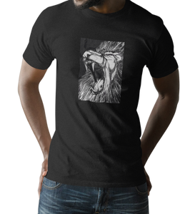 The design is a lion roaring. The design is printed on a black simply great tee.