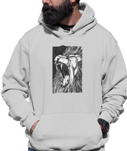 Load image into Gallery viewer, The design is a lion roaring. The design is printed on an athletic heather hoodie. 