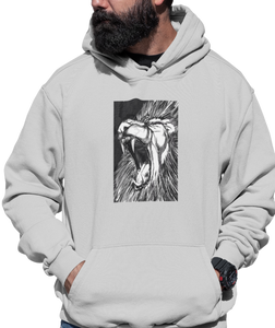 The design is a lion roaring. The design is printed on an athletic heather hoodie. 