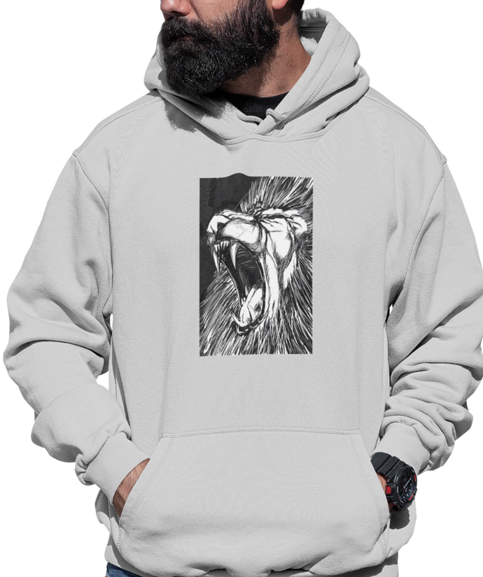 The design is a lion roaring. The design is printed on an athletic heather hoodie. 