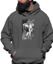 Load image into Gallery viewer, The design is a lion roaring. The design is printed on a dark heather grey hoodie.