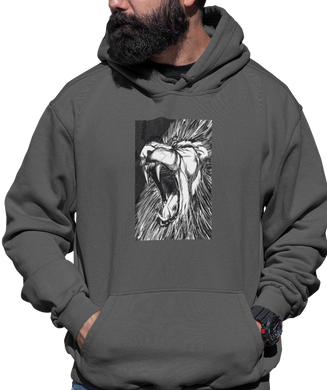 The design is a lion roaring. The design is printed on a dark heather grey hoodie.