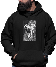 Load image into Gallery viewer, The design is a lion roaring. The design is printed on a black hoodie.