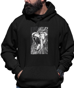 The design is a lion roaring. The design is printed on a black hoodie.