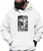 Load image into Gallery viewer, The design is a lion roaring. The design is printed on a white hoodie.