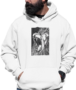 The design is a lion roaring. The design is printed on a white hoodie.