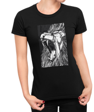 Load image into Gallery viewer, The design is a lion roaring. The design is printed on a black Next Level Boyfriend Tee.