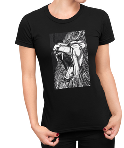 The design is a lion roaring. The design is printed on a black Next Level Boyfriend Tee.