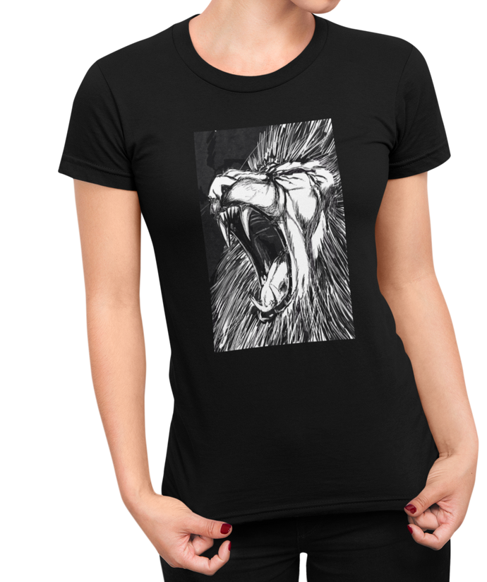 The design is a lion roaring. The design is printed on a black Next Level Boyfriend Tee.