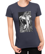 Load image into Gallery viewer, The design is a lion roaring. The design is printed on a indigo Next Level Boyfriend Tee.