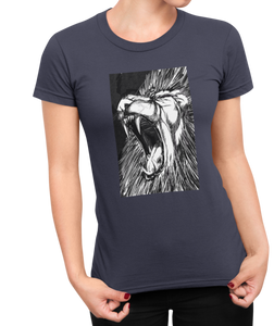 The design is a lion roaring. The design is printed on a indigo Next Level Boyfriend Tee.