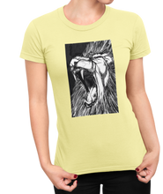 Load image into Gallery viewer, The design is a lion roaring. The design is printed on a natural Next Level Boyfriend Tee.