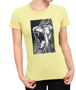 The design is a lion roaring. The design is printed on a natural Next Level Boyfriend Tee.