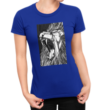 Load image into Gallery viewer, The design is a lion roaring. The design is printed on a royal Next Level Boyfriend Tee.