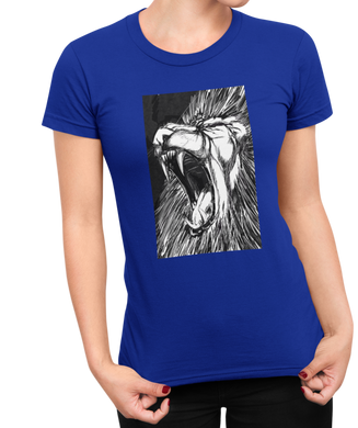 The design is a lion roaring. The design is printed on a royal Next Level Boyfriend Tee.