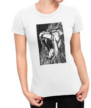 Load image into Gallery viewer, The design is a lion roaring. The design is printed on a white Next Level Boyfriend Tee.