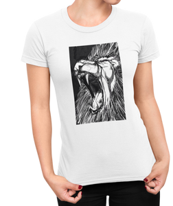 The design is a lion roaring. The design is printed on a white Next Level Boyfriend Tee.