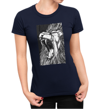 Load image into Gallery viewer, The design is a lion roaring. The design is printed on a midnight navy Next Level Boyfriend Tee.