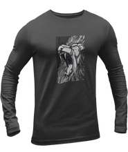 Load image into Gallery viewer, The design is a lion roaring. The design is printed on a charcoal heather long sleeve shirt.