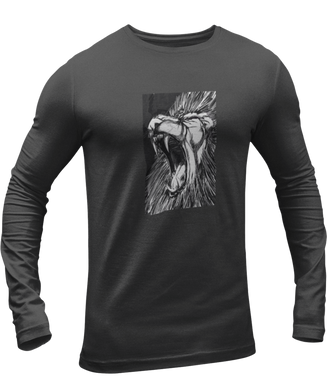 The design is a lion roaring. The design is printed on a charcoal heather long sleeve shirt.